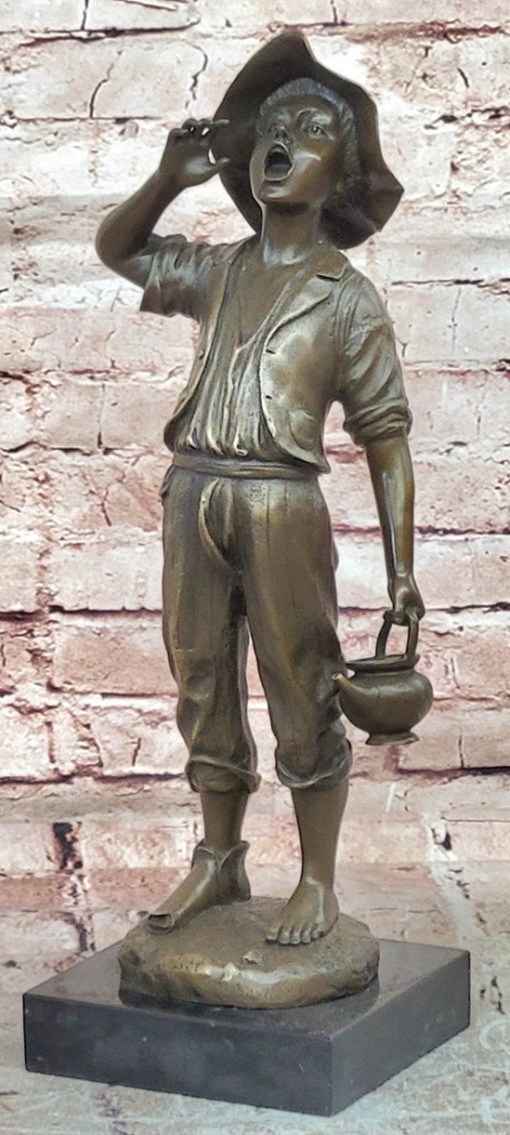 Bronze Sculpture of Boy with Water Jug on Marble Base - 17" x 5.5": Bronze Sculpture of Boy with Water Jug on Marble Base - 17" x 5.5" Introducing a Bronze Sculpture: This composition depicts a young boy shouting while holding a water jug, capturing a moment o
