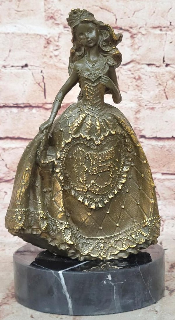 Quinceanera Bronze Sculpture - Graceful Young Girl in Celebration Dress - 9" x 4.5" Ask Chat: Quinceanera Bronze Sculpture - Graceful Young Girl in Celebration Dress - 9" x 4.5" This original bronze sculpture by Jean Patoue beautifully captures the grace and poise of a young quinceaner