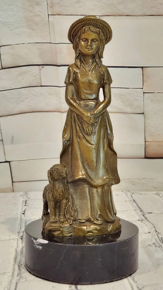 Victorian Woman with Dog Bronze Sculpture by Miguel Lopez - 9.5" x 4": Victorian Woman with Dog Bronze Sculpture by Miguel Lopez - 9.5" x 4" Introducing a Bronze Sculpture: This depiction of a woman accompanied by a dog is handcrafted with attention to detail. Th