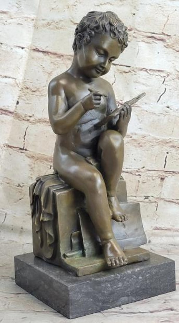 Boy Writing in Book Bronze Statue: Boy Writing in Book Bronze Statue This finely crafted bronze statue captures a serene and timeless moment of contemplation, a nude boy seated gracefully as he writes in a book. Evoking the spirit of c
