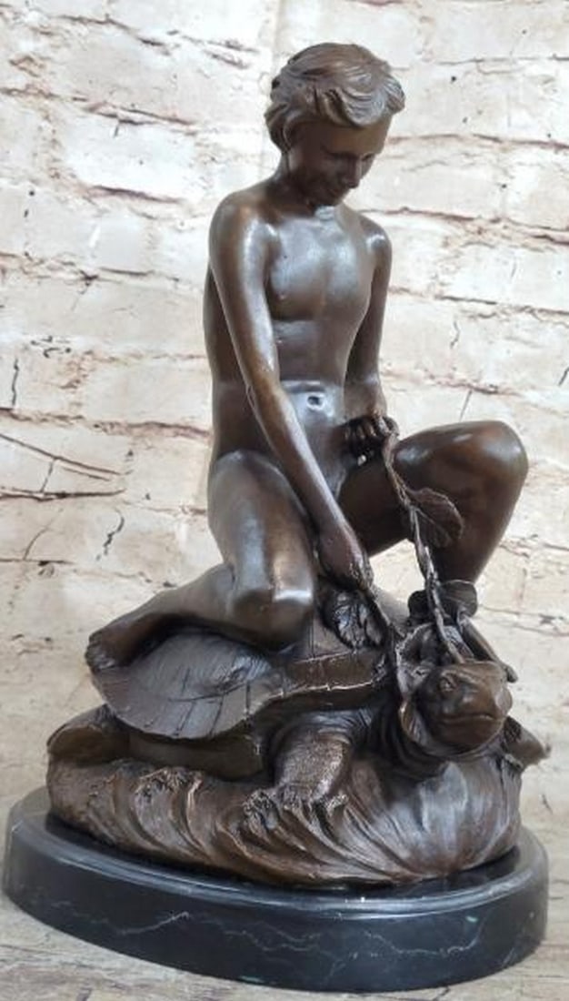 Innocence in Motion: Nude Boy Riding Turtle: Innocence in Motion: Nude Boy Riding Turtle Whimsical and full of youthful charm, this bronze sculpture features a nude young boy riding atop a turtle, evoking a sense of playful adventure and innocen