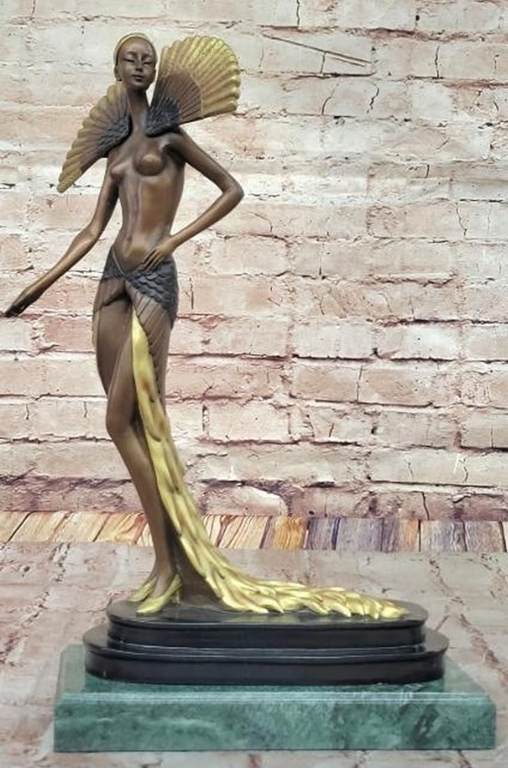 Golden Plumes: Art Nouveau Goddess Bronze Sculpture: Golden Plumes: Art Nouveau Goddess Bronze Sculpture Radiating elegance and theatrical flair, this Art Nouveau-inspired bronze sculpture is a striking reproduction bearing the signature of legendary de