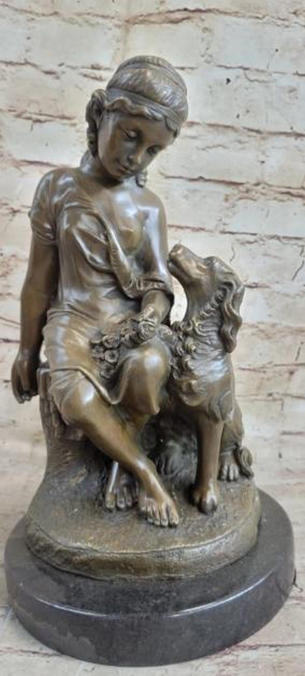 Timeless Companions: Bronze Girl with Puppy Sculpture: Timeless Companions: Bronze Girl with Puppy Sculpture Capturing a tender moment of friendship, this classical bronze sculpture, bearing the signature of the artist Milo, features a young girl seated g