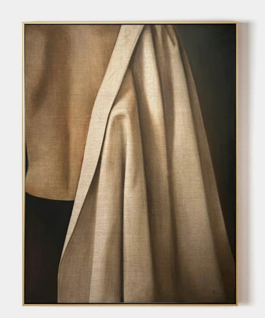 Draped Elegance Hyperrealism Canvas Art Painting: Draped Elegance Hyperrealism Canvas Art Painting This painting masterfully captures the delicate folds and texture of soft fabric, creating an almost tangible sense of movement and realism. The beige 