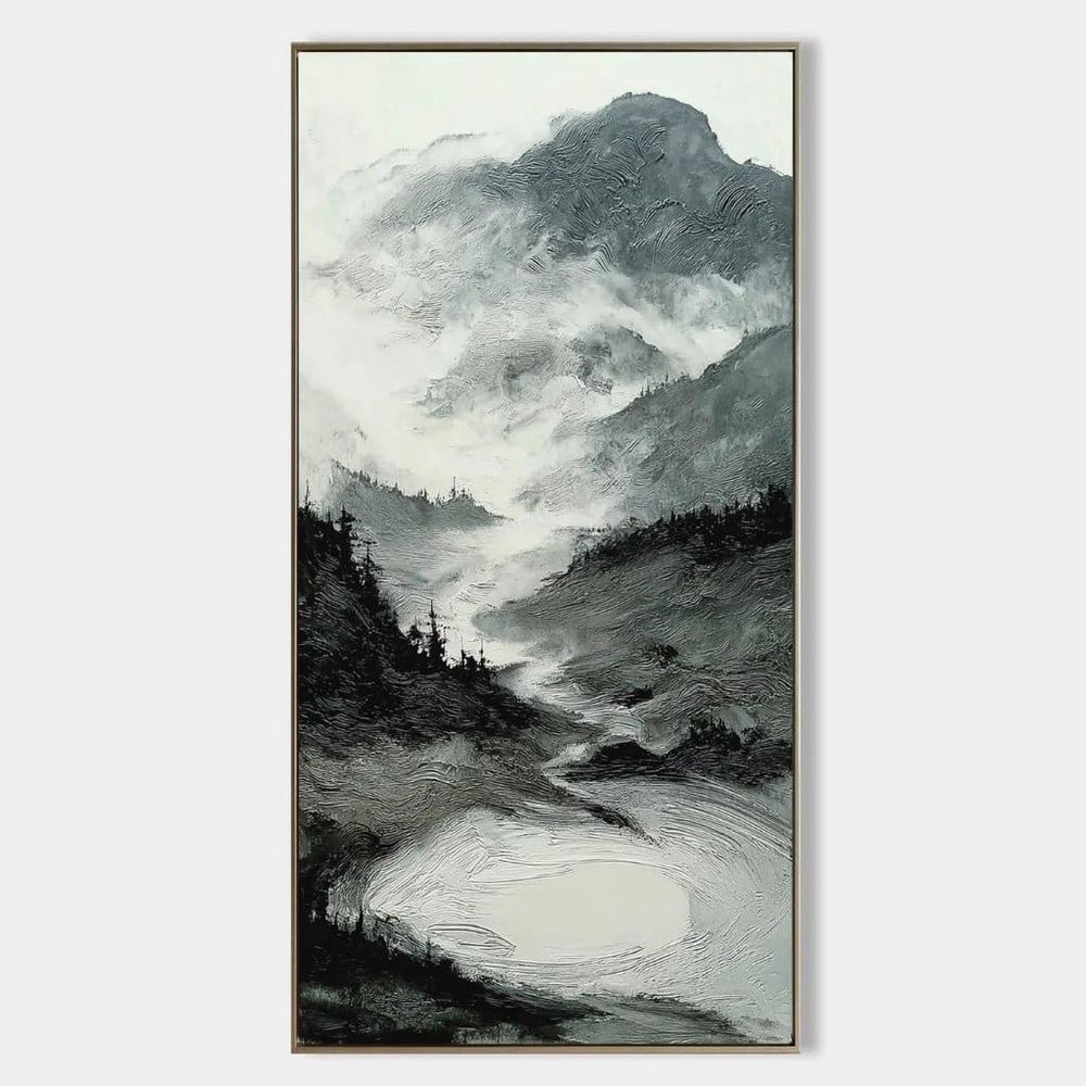 Monochrome Misty Mountain Landscape Canvas Painting: Monochrome Misty Mountain Landscape Canvas Painting This atmospheric canvas painting captures the quiet majesty of a mist-shrouded mountain range. Rendered in grayscale tones, the scene features a win