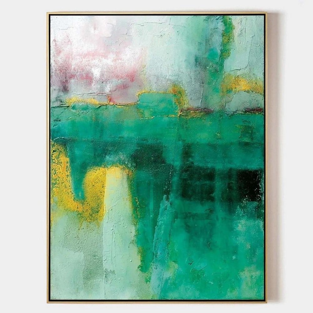 Abstract Teal and Gold Canvas Painting: Abstract Teal and Gold Canvas Painting This dynamic canvas painting features a layered composition of green, teal, and yellow tones, accented with hints of black, pink, and white. Vertical and horizon