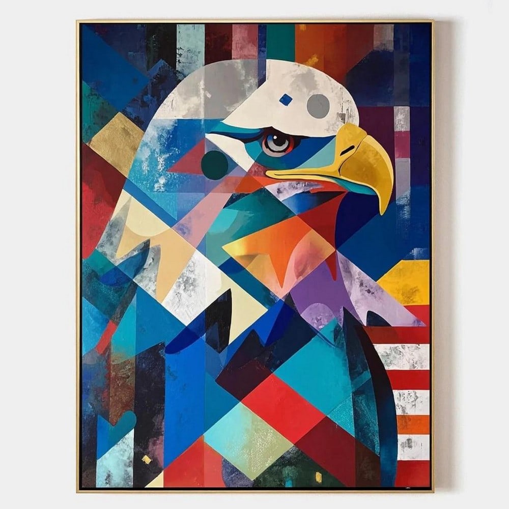 Geometric Abstract Bald Eagle Canvas Painting: Geometric Abstract Bald Eagle Canvas Painting This bold canvas painting reinterprets the iconic bald eagle through a fusion of geometric abstraction and expressive color. The eagle's head is rendered