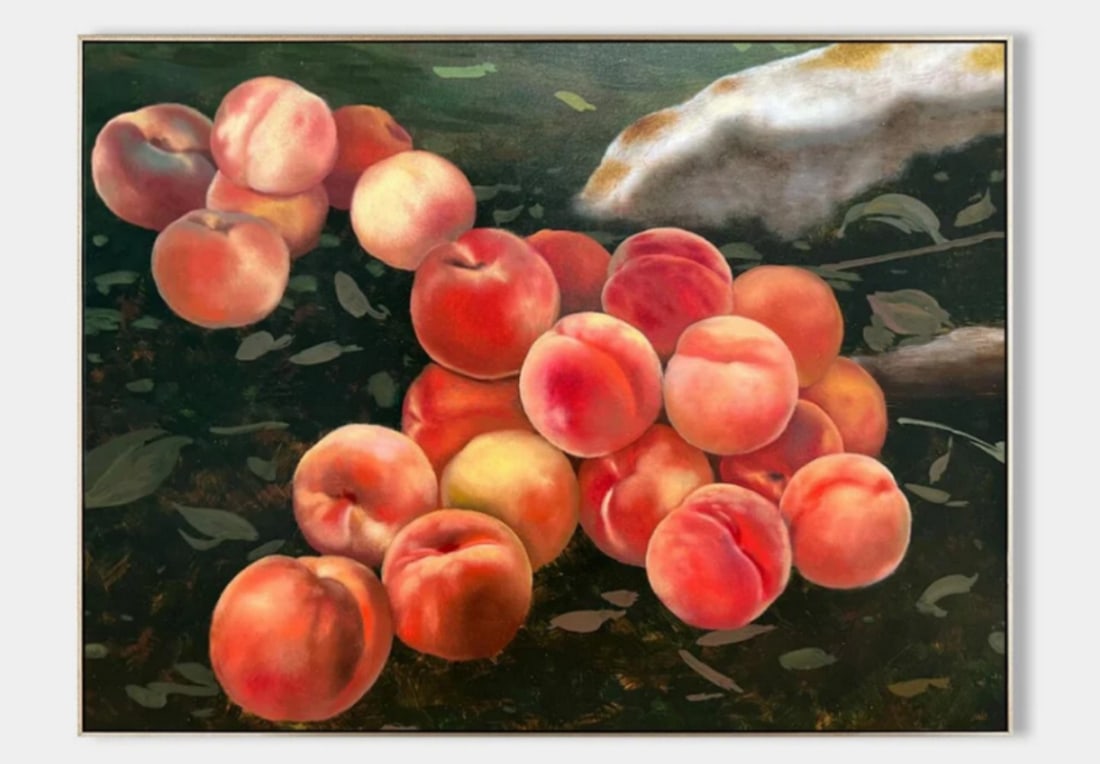 "Bountiful Harvest" Hyperrealistic Art Canvas Painting: "Bountiful Harvest" Hyperrealistic Art Canvas Painting This painting beautifully showcases a cluster of ripe peaches hanging from a branch, their plump forms glowing in rich shades of red, ora