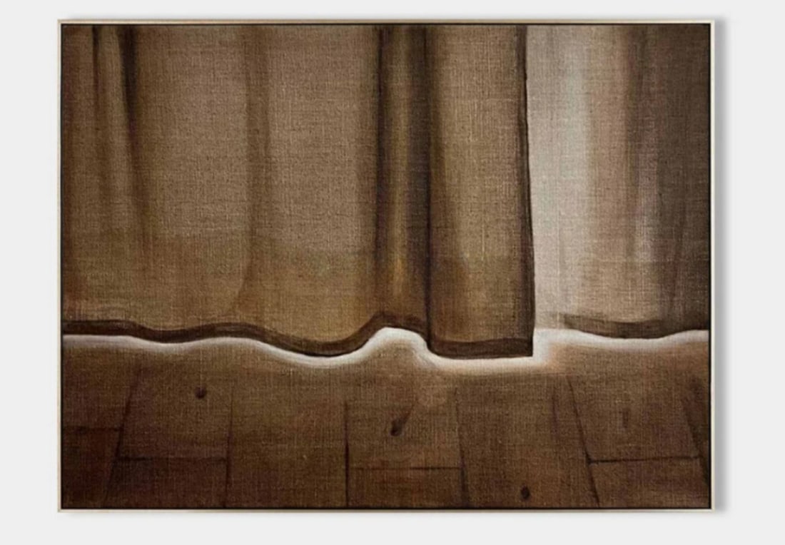 "Curtain's Edge" Hyperrealistic Canvas Painting: "Curtain's Edge" Hyperrealistic Canvas Painting This painting captures the quiet elegance of a curtain hovering just above a wooden floor. The soft, muted tones of beige and brown interplay