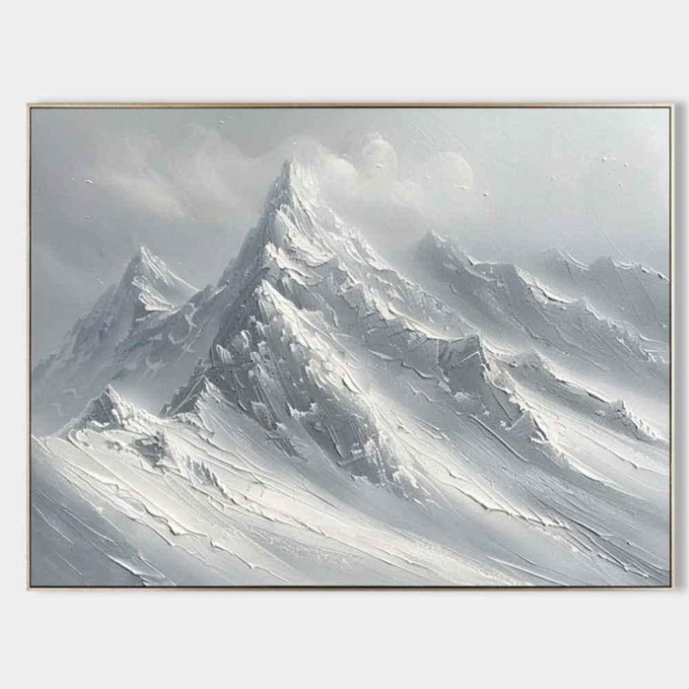 Beyond the Horizon Textured Art Canvas Painting: Beyond the Horizon Textured Art Canvas Painting This breathtaking painting captures a snow-covered mountain range in all its grandeur. The towering central peak rises sharply against a soft, cloud-fil