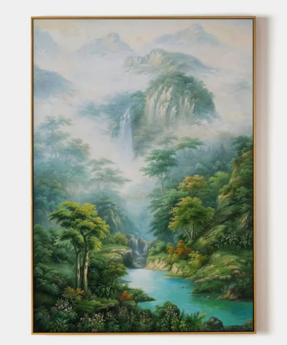 Serenity in the Misty Mountains Hyperrealistic Canvas Painting: Serenity in the Misty Mountains Hyperrealistic Canvas Painting This enchanting painting captures a tranquil waterfall cascading through misty, forested mountains. The lush greenery and soft haze give 