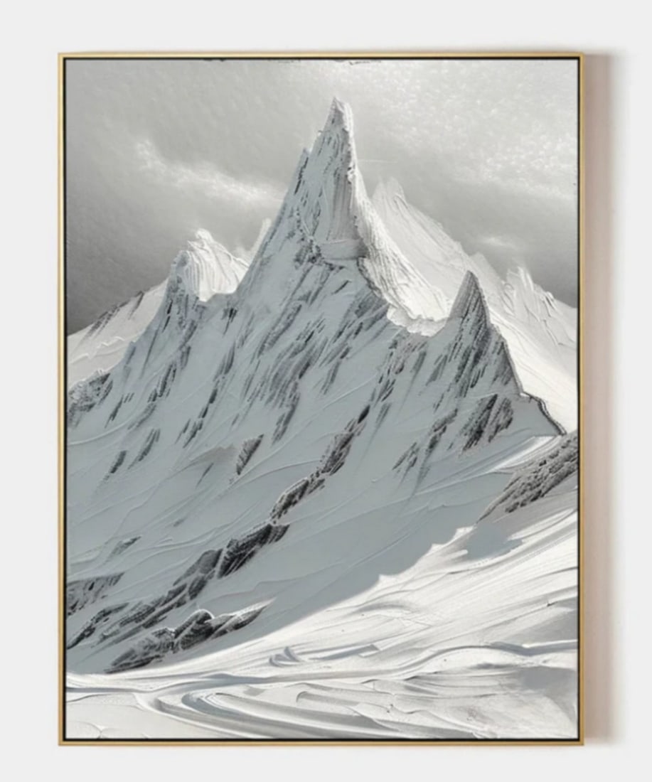 Silent Summits Textured Canvas Painting: Silent Summits Textured Canvas Painting This painting captures the breathtaking beauty of a towering, snow-covered mountain range. The sharp central peak dominates the scene, surrounded by rugged, jag