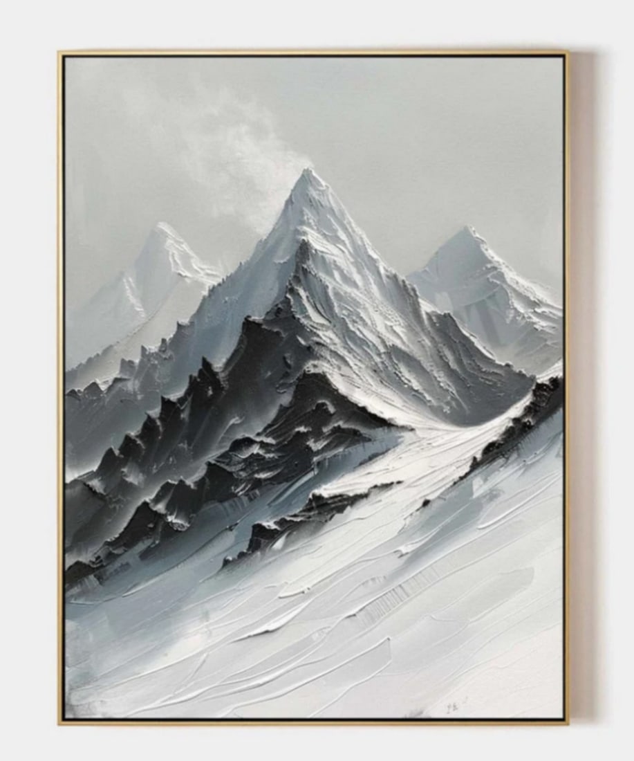 "Majestic Peaks" Realistic Textured Canvas Painting: "Majestic Peaks" Realistic Textured Canvas Painting A breathtaking portrayal of towering, snow-capped mountains rising into a muted, cloud-streaked sky. The artist masterfully blends shades of