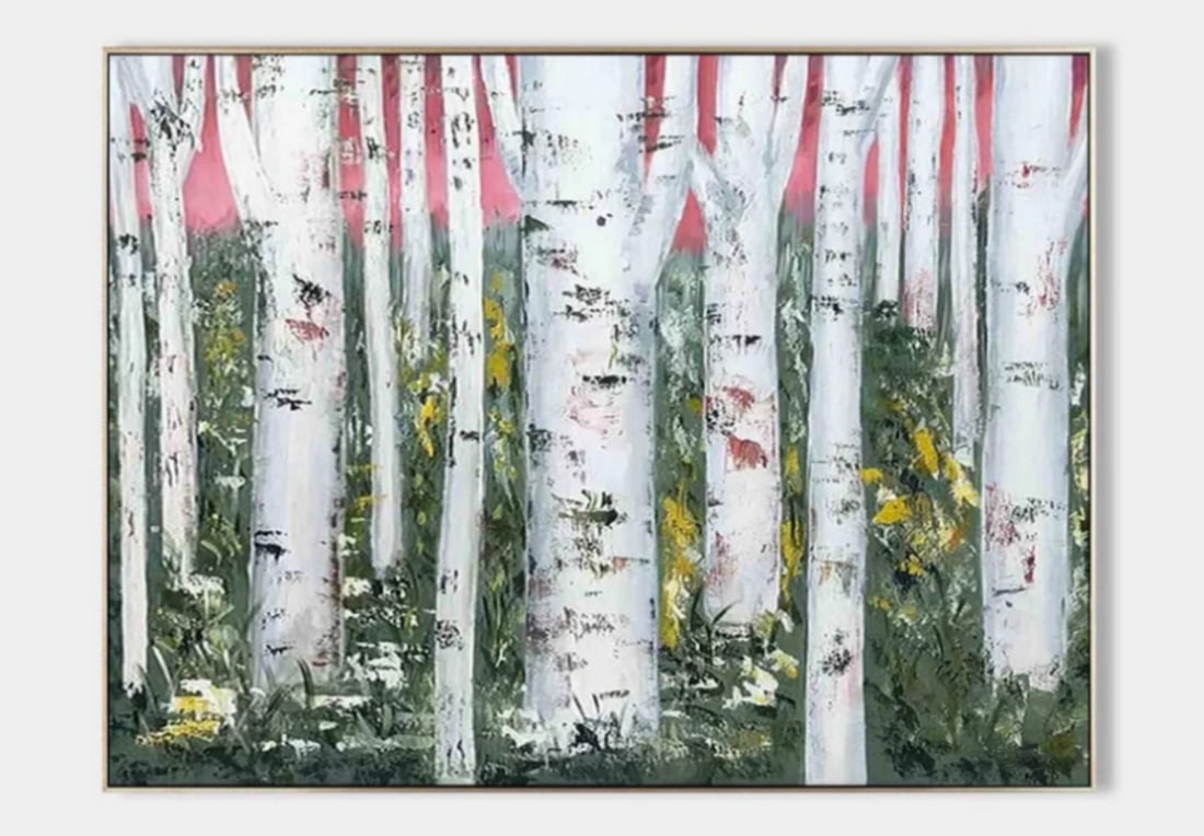 Birch Forest at Dawn Landscape Art Canvas Painting: Birch Forest at Dawn Landscape Art Canvas Painting This enchanting painting captures the quiet beauty of a birch forest bathed in the soft hues of early morning light. Slender white-barked trees