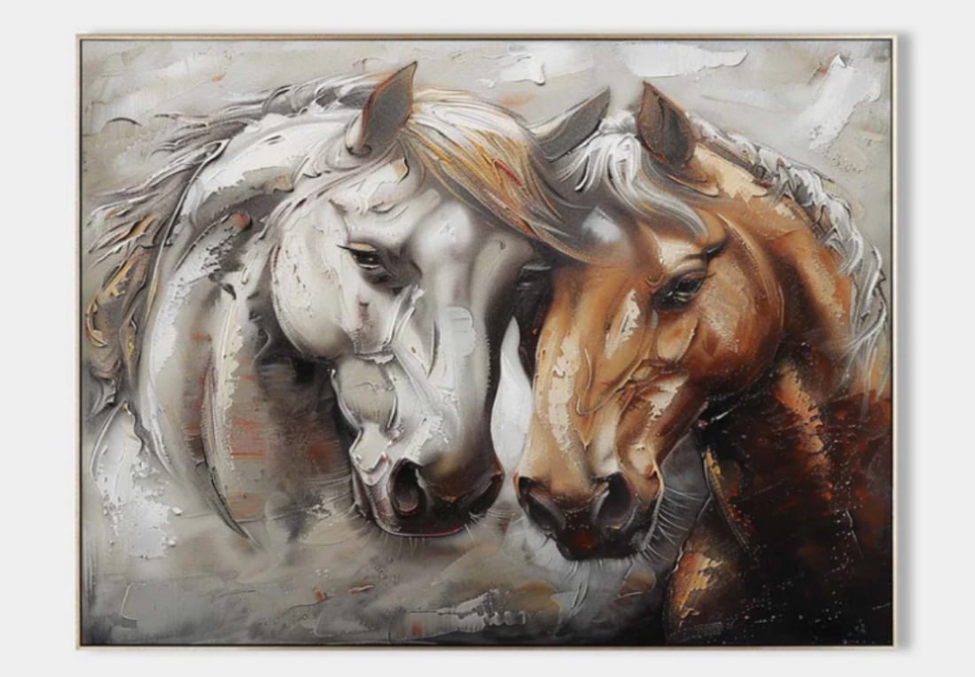 "Equine Companionship" Horse Canvas Painting: "Equine Companionship" Horse Canvas Painting This painting beautifully captures the intimate bond between two horses, one white and one brown, as they nuzzle each other affectionately. The
