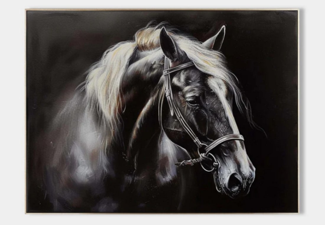 "Majestic Black Stallion" Canvas Painting: "Majestic Black Stallion" Canvas Painting This painting presents a captivating portrait of a black stallion, exuding power and grace. Its glossy coat contrasts dramatically with the dark,