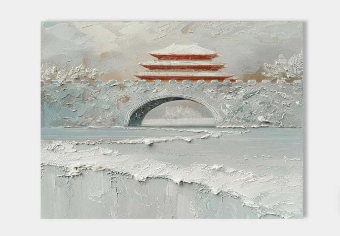 Winter Serenity at the Pagoda Bridge Textured Art Canvas Painting (1 of 2)