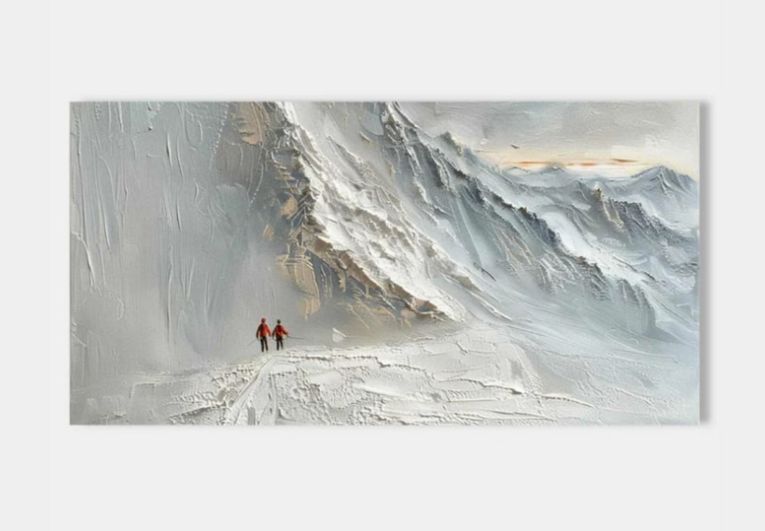 Journey Through the Frozen Peaks Textured Art Canvas Painting: Journey Through the Frozen Peaks Textured Art Canvas Painting This painting captures the essence of an adventurous trek through a breathtaking winter landscape. Towering, snow-covered cliffs dominate 