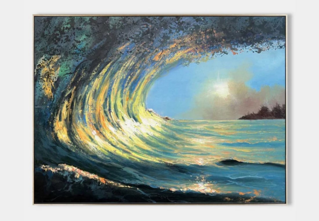 Majestic Wave at Sunset Hyperrealistic Art Canvas Painting: Majestic Wave at Sunset Hyperrealistic Art Canvas Painting This stunning painting captures the awe-inspiring beauty of a towering wave, bathed in the golden hues of the setting sun. The wave curls