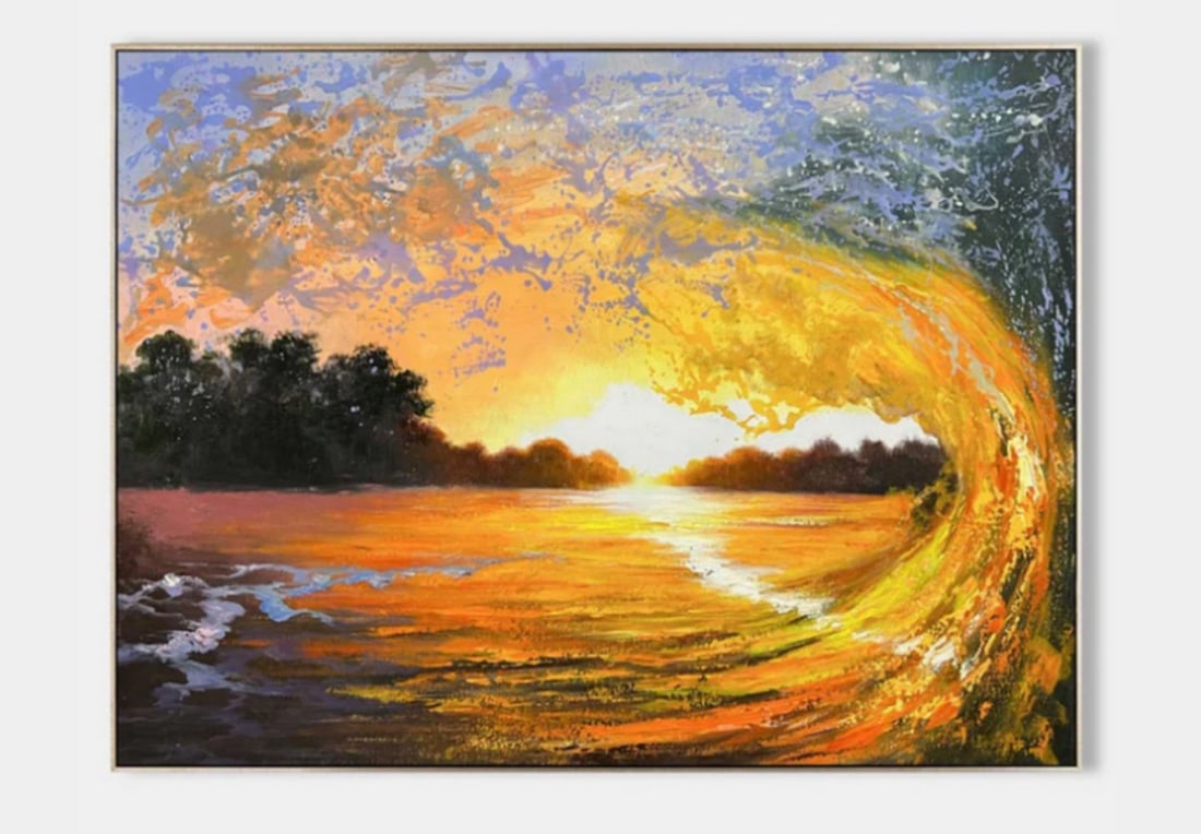 "Sunset Wave" Hyperrealistic Art Canvas Painting: "Sunset Wave" Hyperrealistic Art Canvas Painting This painting captures the breathtaking fusion of sky and sea at sunset, where vivid hues blend seamlessly to create a mesmerizing scene. The