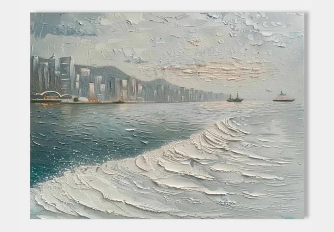 Serenity at Victoria Harbour Textured Art Canvas Painting: Serenity at Victoria Harbour Textured Art Canvas Painting This stunning painting encapsulates the peaceful yet dynamic essence of Victoria Harbour in Hong Kong. The artwork highlights the city's iconi