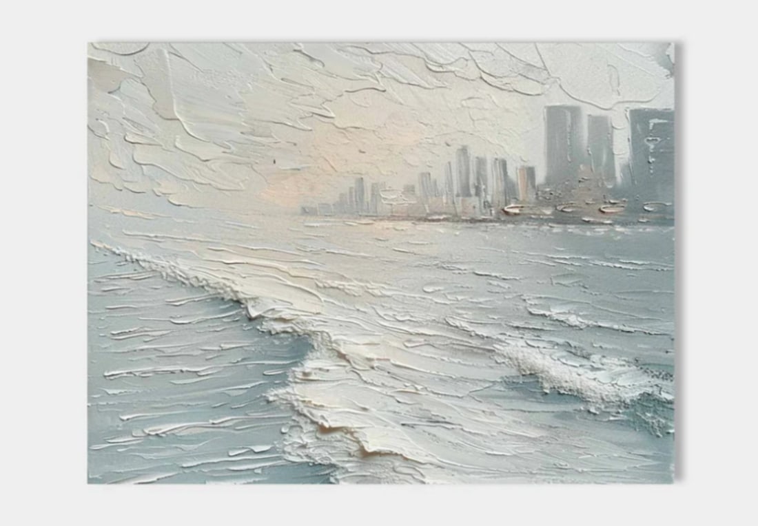 Urban Serenity Textured Art Canvas Painting: Urban Serenity Textured Art Canvas Painting This painting captures the delicate balance between nature and city life. A tranquil coastal scene unfolds with gentle waves caressing the shore, while the 