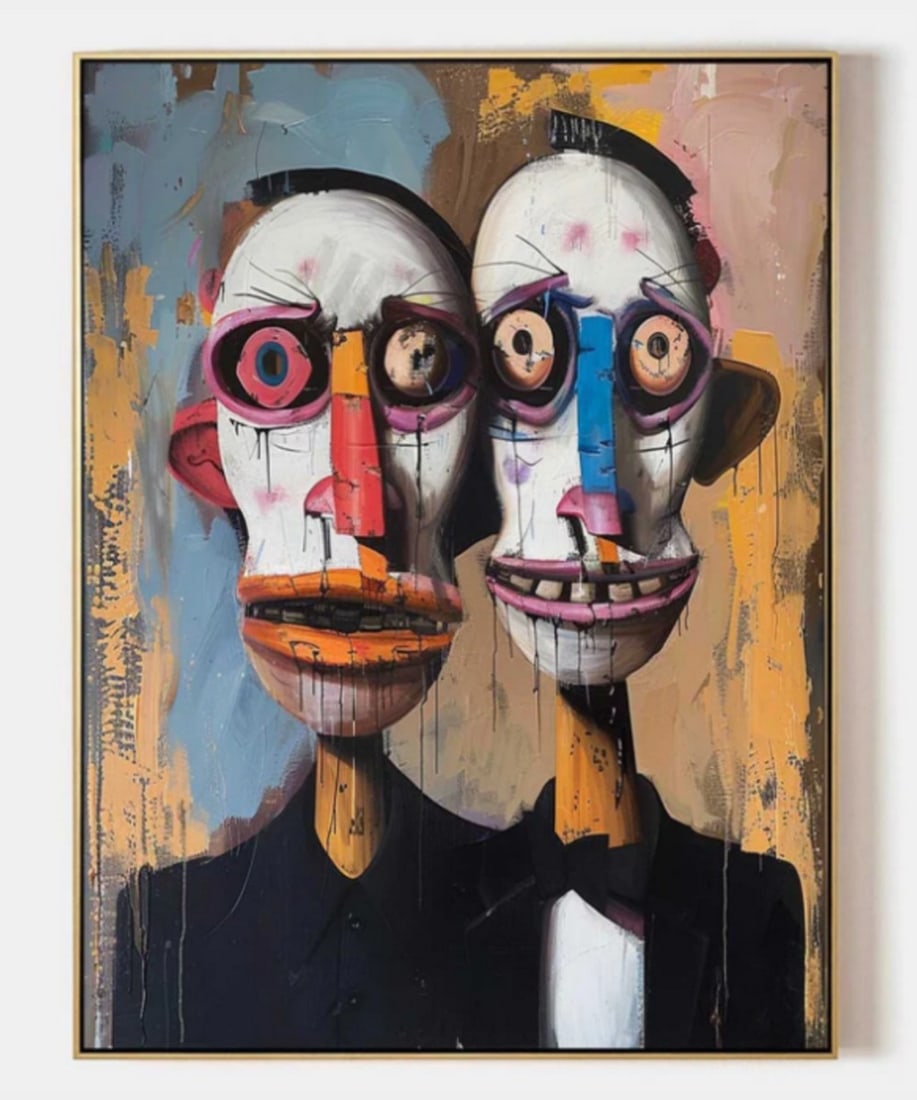 "Duality of Perception" Pop Art Canvas Painting: "Duality of Perception" Pop Art Canvas Painting Two abstract, elongated faces stand side by side, their exaggerated and distorted features playing with the viewer's sense of reality. The