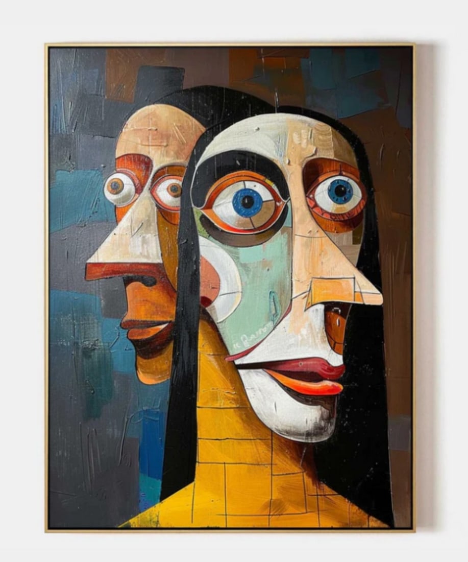 Dual Perspectives Pop Art Canvas Painting: Dual Perspectives Pop Art Canvas Painting This captivating painting presents two faces in a cubist-inspired style, layered with geometric forms and bold colors. The foreground figure commands attentio