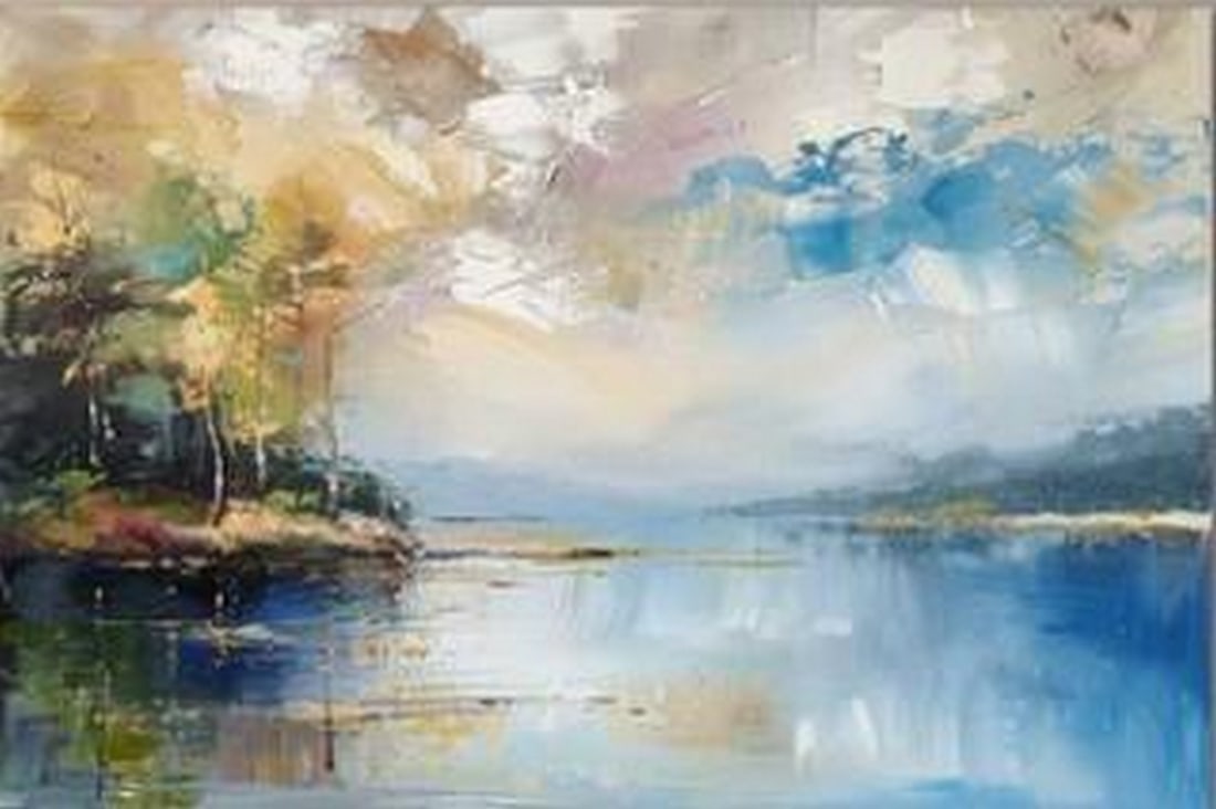 Horizons of Gold: Horizons of Gold Horizons of Gold blends deep blues and radiant golds in an abstract interpretation of a dreamlike landscape. Layers of color sweep across the canvas, evoking distant skies, shimmering