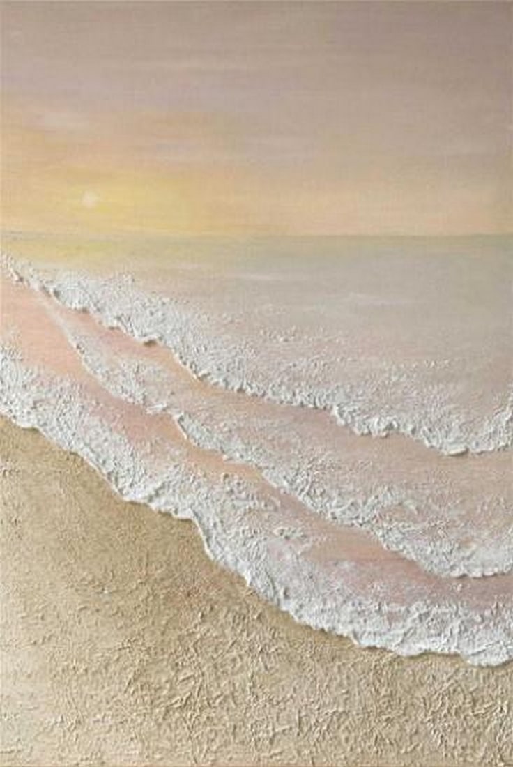 Tide's Embrace: Tide's Embrace Tide's Embrace captures the tranquil meeting of sea and shore, where rolling waves kiss the sand in soft, fluid motion. Painted in soothing tones of blue, white, and golden beige, this