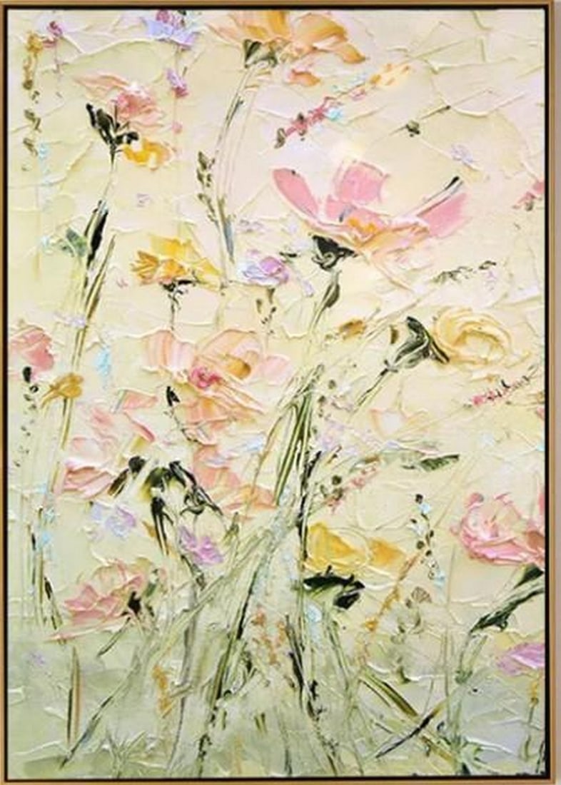 Soft Bloom: Soft Bloom Soft Bloom reimagines florals through a pastel dreamscape, where delicate shades of blush, lavender, mint, and yellow unfold in abstract form. The flowers are suggested rather than defined