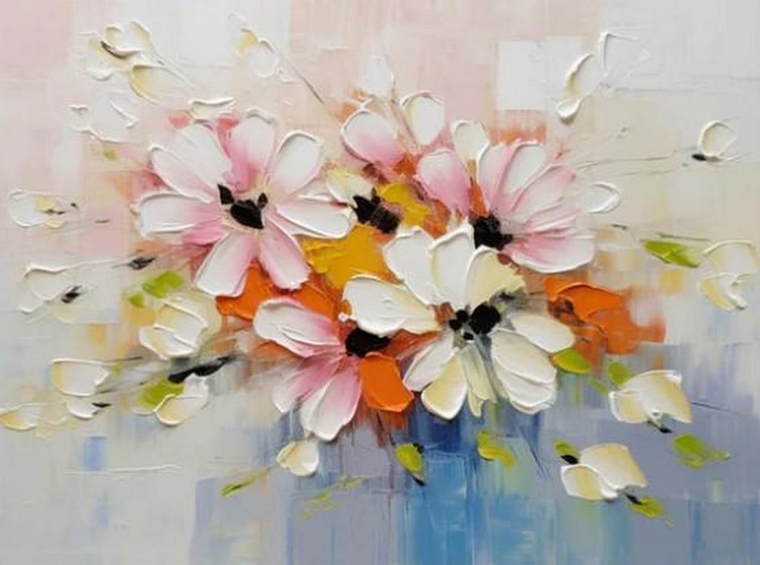 Petals in Still Light: Petals in Still Light Petals in Still Light showcases large beige and pink blooms brought to life with rich texture and depth. Each flower is sculpted in soft, sweeping forms, where delicate tones