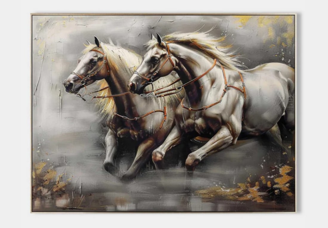 "Galloping Freedom" Horse Canvas Painting: "Galloping Freedom" Horse Canvas Painting This striking painting captures two majestic horses galloping side by side, their powerful forms bursting with energy and motion. Their flowing manes