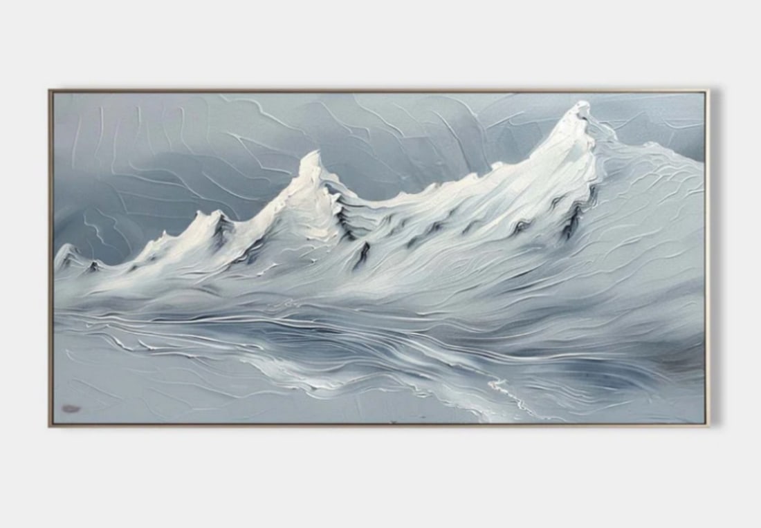 Echoes of the Frozen Realm Textured Art Painting: Echoes of the Frozen Realm Textured Art Painting This captivating painting showcases a breathtaking winter landscape, where towering mountain peaks are blanketed in snow. The artist masterfully uses c