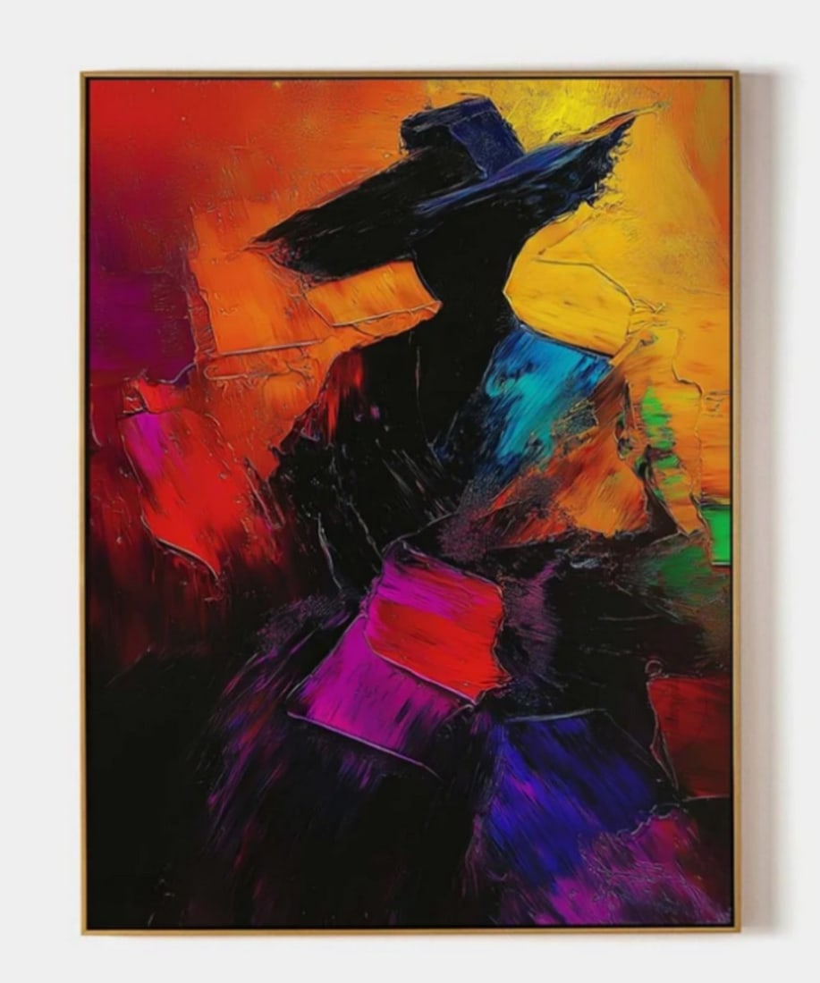 Shadow in the Ember Glow Contemporary Canvas Painting: Shadow in the Ember Glow Contemporary Canvas Painting This painting features a striking silhouette of a figure wearing a wide-brimmed hat, set against a vivid and dynamic background. The figure is