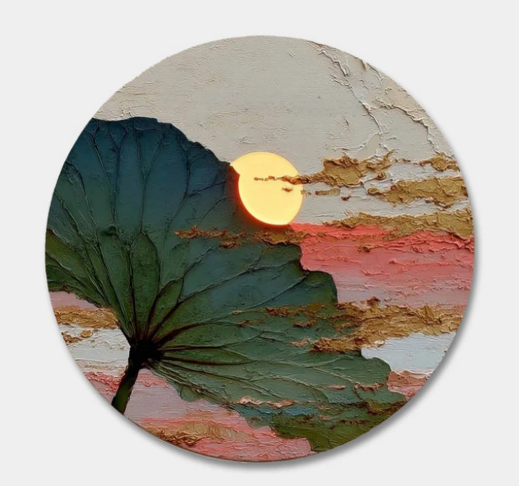 Fading Light Lotus Round Canvas Painting: Fading Light Lotus Round Canvas Painting Embracing the Wabi-Sabi aesthetic, Fading Light Lotus reflects the quiet beauty of impermanence through the soft glow of a sunset and the delicate presence of 