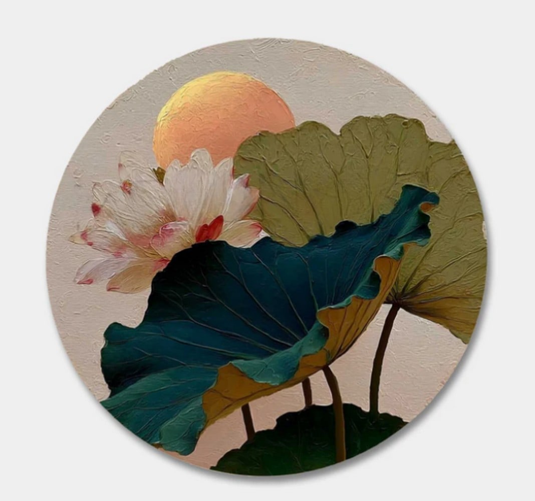 Ethereal Lotus Round Canvas Painting: Ethereal Lotus Round Canvas Painting Delicate and serene, Ethereal Lotus captures the quiet grace of a lotus in bloom. Set against a soft, misty backdrop, this round canvas painting highlights the