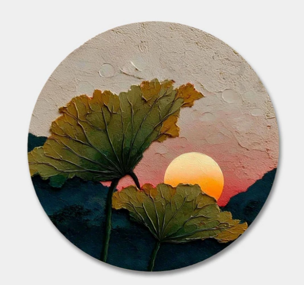Golden Horizon Round Canvas Painting: Golden Horizon Round Canvas Painting This elegant painting inspired by the gentle close of a summer day, Golden Horizon evokes the warmth and stillness of nature bathed in sunset light. Rich amber,