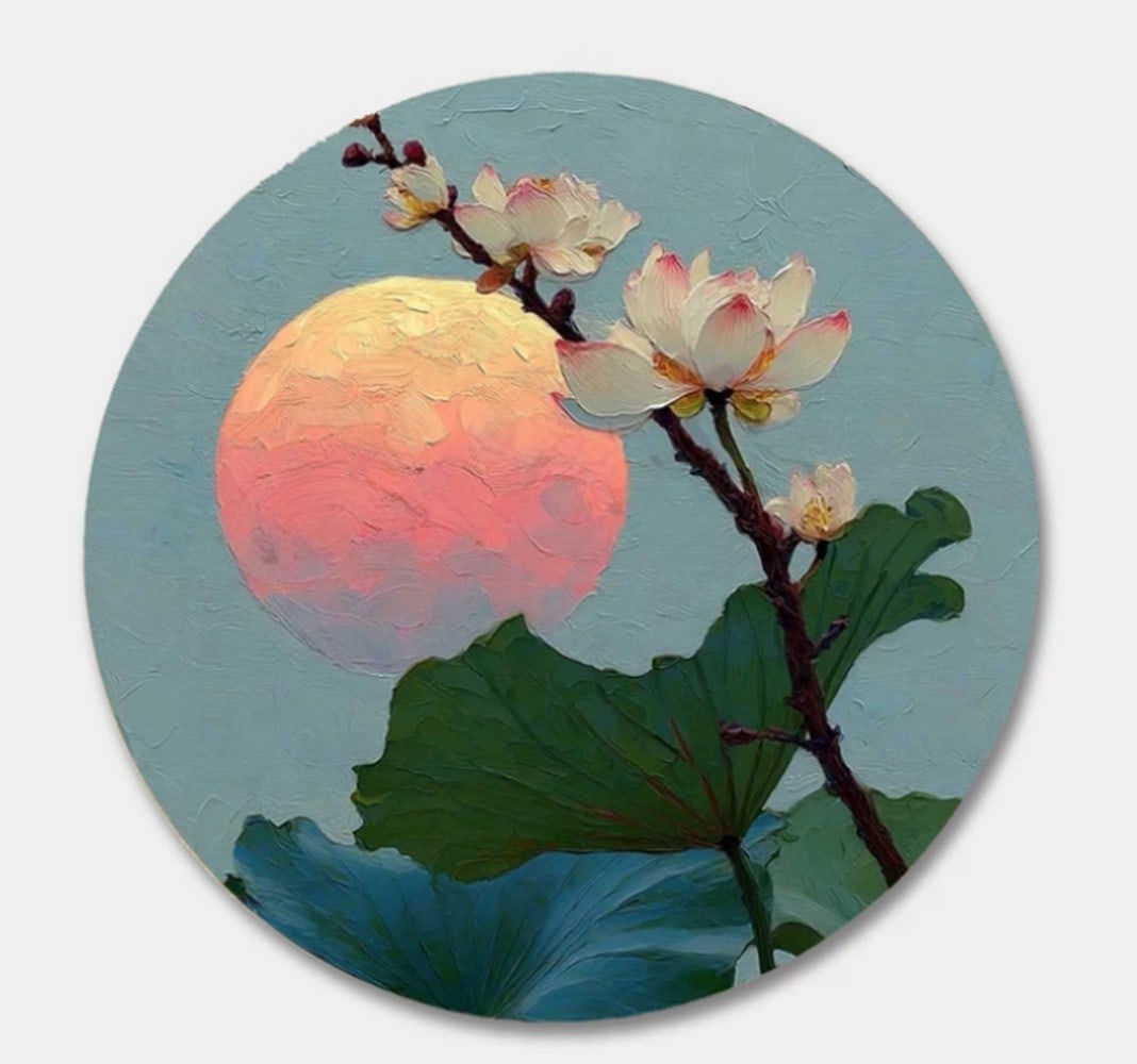 Lotus Blossoms at Sunset Textured Round Canvas Painting: Lotus Blossoms at Sunset Textured Round Canvas Painting This painting captures the tranquil beauty of lotus blossoms bathed in the glow of a setting sun. The delicate white petals, tinged with soft