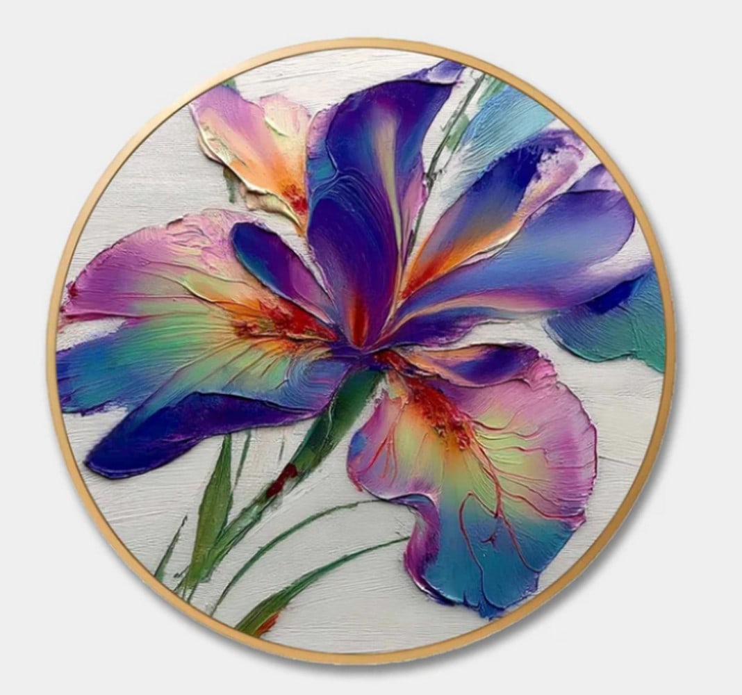 Celestial Bloom Floral Art Round Canvas Painting: Celestial Bloom Floral Art Round Canvas Painting This mesmerizing hand-painted artwork showcases a vibrant iris-like flower with petals in rich shades of purple, blue, pink, and yellow. The delicate