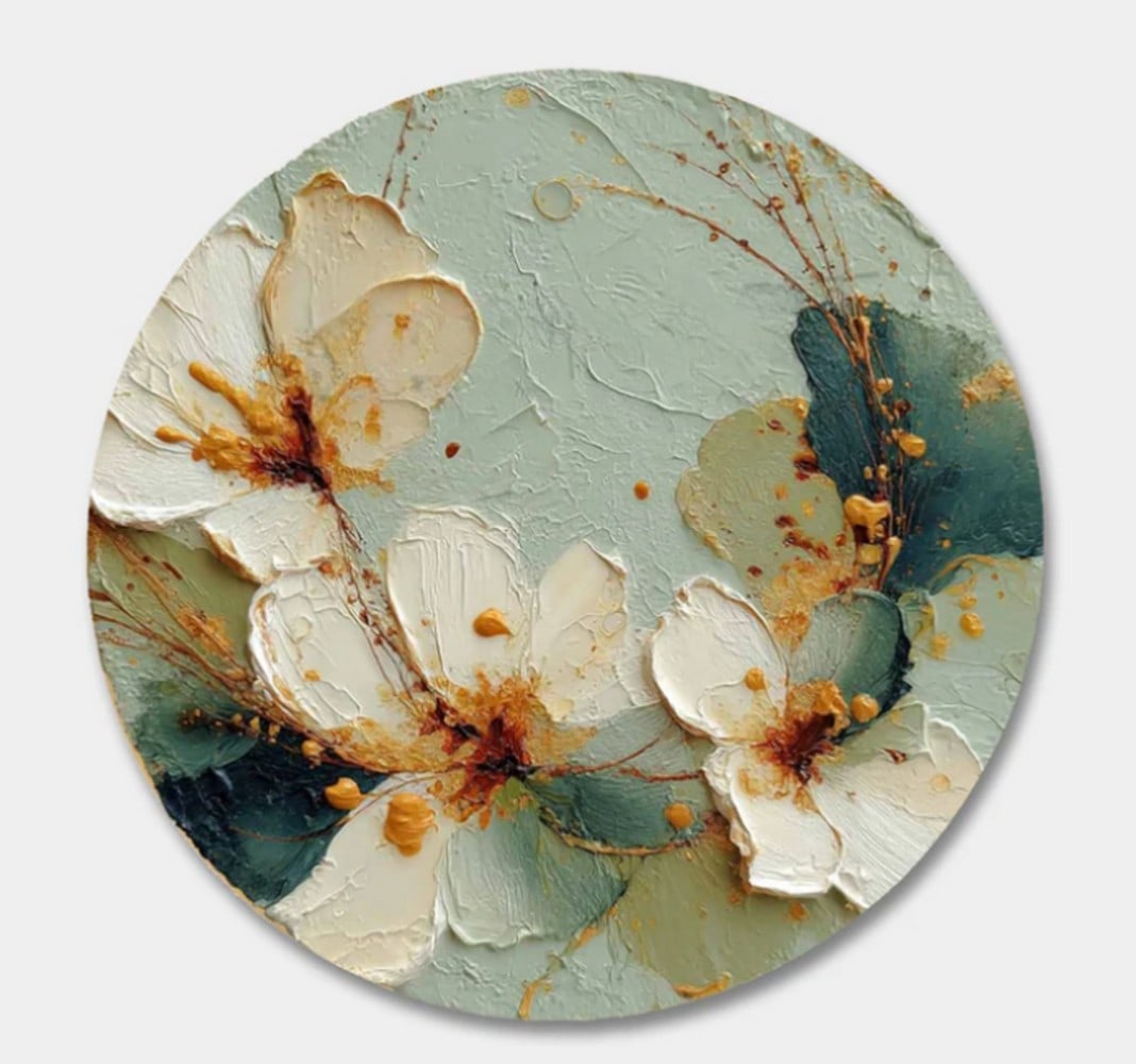 Blossoms in Bloom Floral Art Round Canvas Painting: Blossoms in Bloom Floral Art Round Canvas Painting This elegant painting captures the beauty of delicate white flowers set against a muted green textured background. The soft petals, accented with