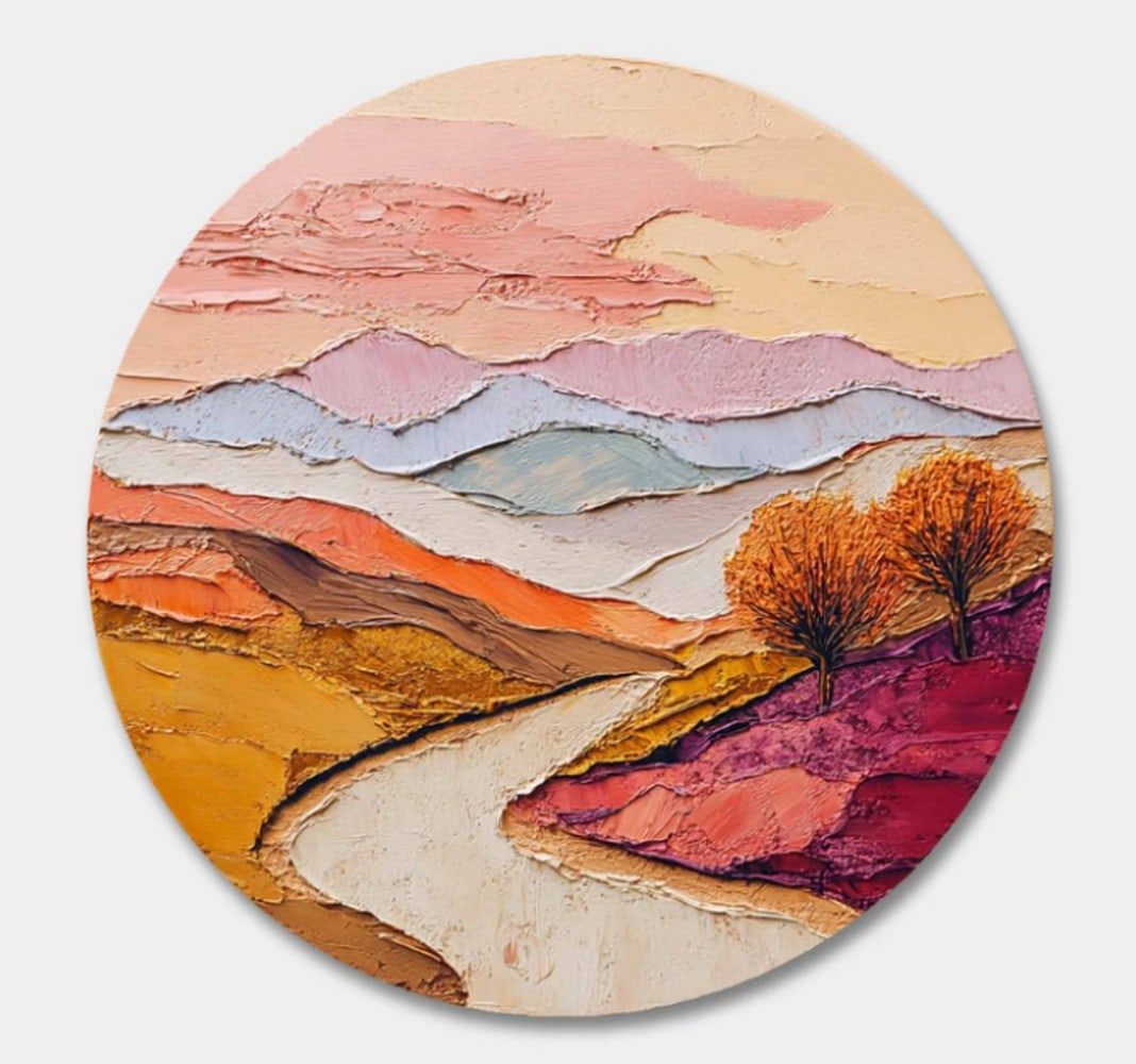 Autumn Journey Abstract Textured Art Round Canvas Painting: Autumn Journey Abstract Textured Art Round Canvas Painting This painting captures the peaceful essence of an autumn landscape, where a winding path guides the viewer through rolling hills bathed in wa