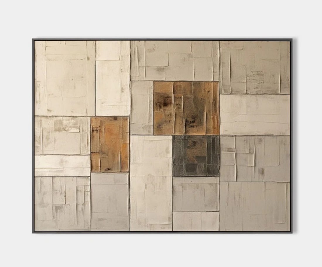Patchwork of Time Wasabi-Sabi Inspired Canvas Painting: Patchwork of Time Wasabi-Sabi Inspired Canvas Painting This painting presents a mesmerizing patchwork of wooden panels arranged in a harmonious grid. Each rectangle varies in color and texture, with