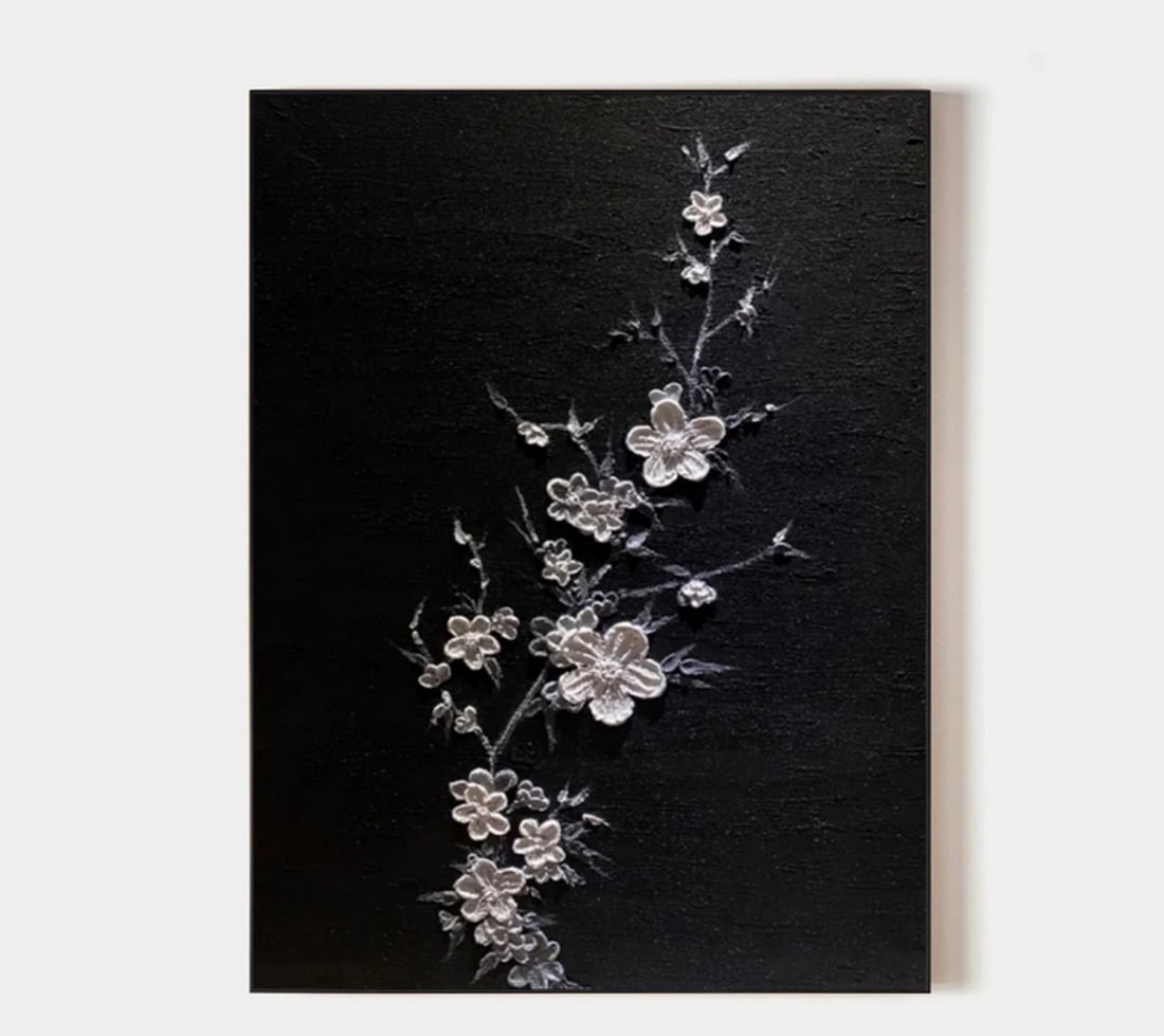 Elegance in Bloom Textured Art Canvas Painting: Elegance in Bloom Textured Art Canvas Painting This painting presents a graceful arrangement of delicate white flowers and leaves set against a stark black background. Each petal and leaf is