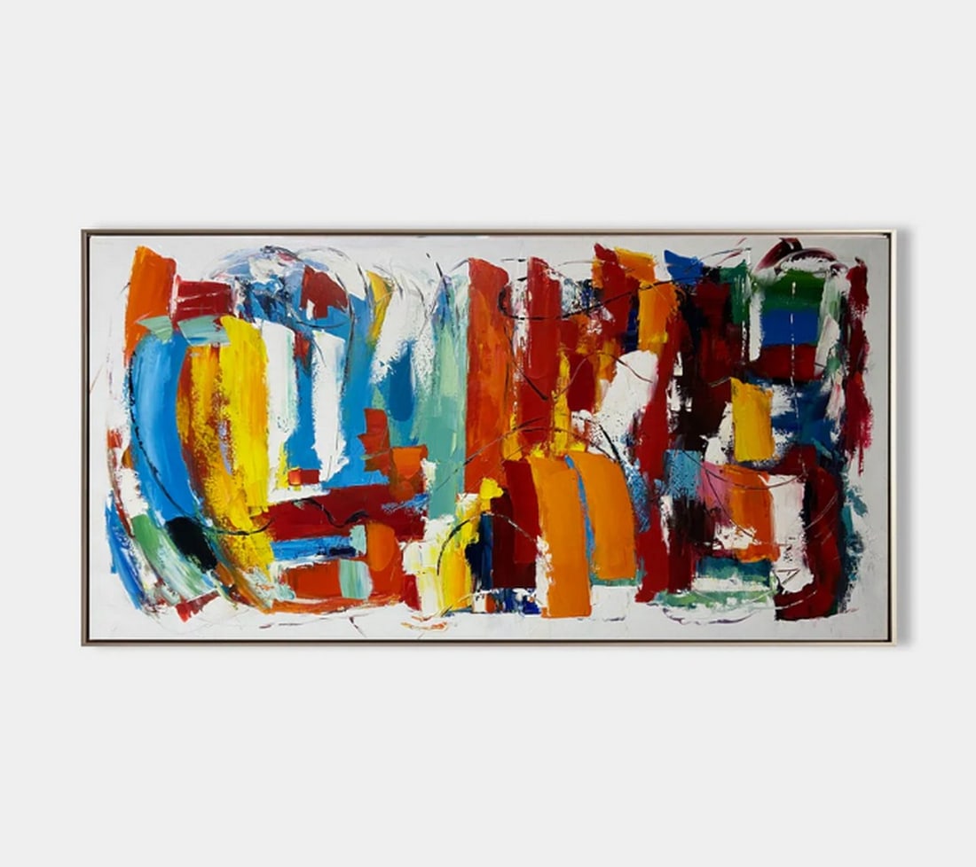 "Vibrant Symphony" Canvas Painting: "Vibrant Symphony" Canvas Painting This abstract painting bursts with energy, featuring sweeping strokes of red, blue, yellow, green, and orange, interwoven with patches of white. The dynamic