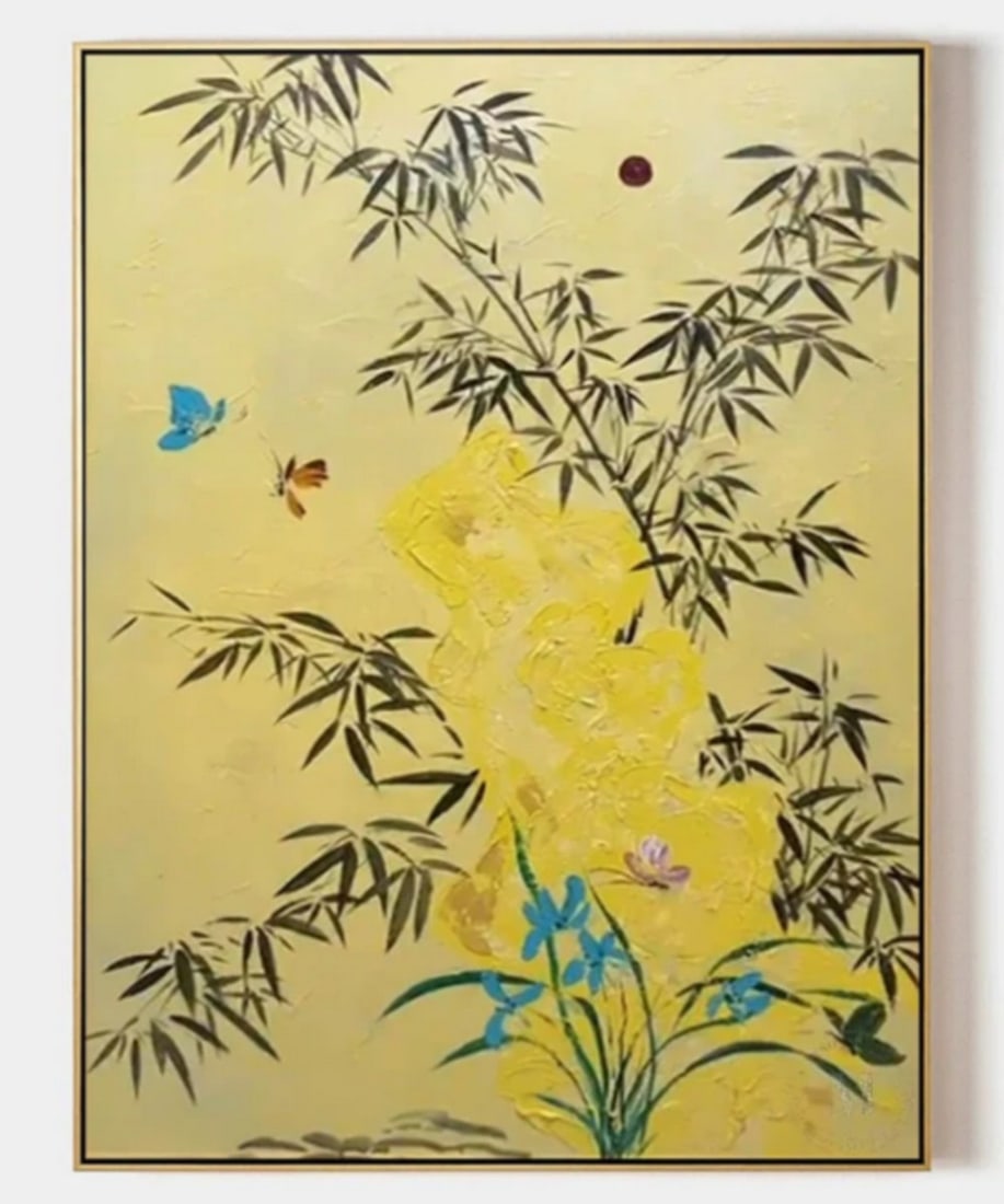 "Serenity in Nature" Textured Canvas Painting: "Serenity in Nature" Textured Canvas Painting This captivating painting features a tranquil scene inspired by nature. A rich yellow background sets the stage for an elegant arrangement of