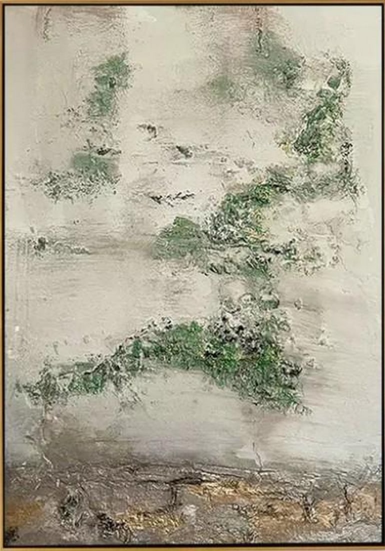 Moss and Mist: Moss and Mist Moss and Mist blends cool gray tones with earthy greens to create a serene, abstract composition that evokes the feeling of early morning fog rolling over a forest floor. Fluid brushwork