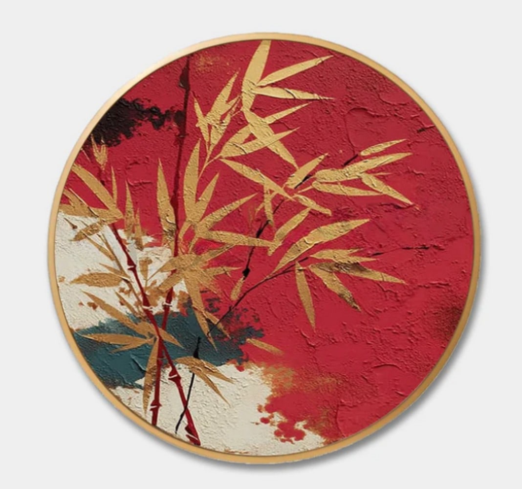 Golden Bamboo on Crimson Round Canvas Painting: Golden Bamboo on Crimson Round Canvas Painting This striking painting presents a circular canvas washed in deep crimson hues, accented with patches of white and dark green. At its heart, golden