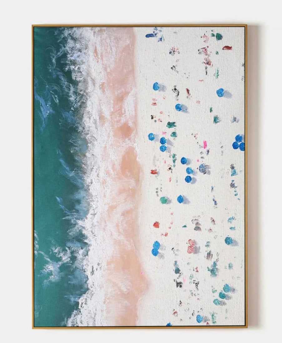 Sunspots & Daydreams Textured Art Canvas Painting: Sunspots & Daydreams Textured Art Canvas Painting From a bird's-eye view, the beach becomes a kaleidoscope of human presence and nature's artistry. The ocean pulses in bands of turquoise, brushing