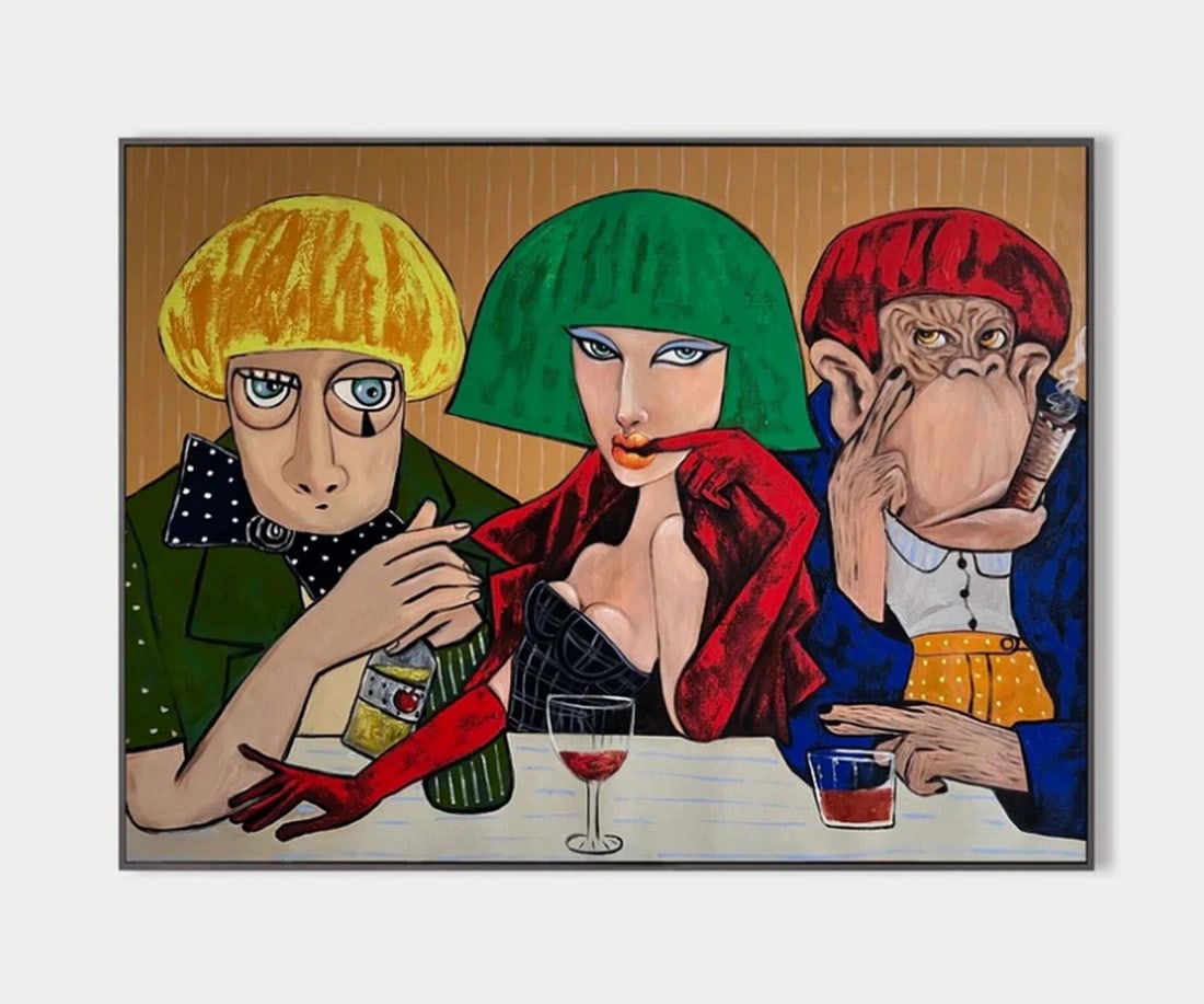 A Curious Toast Pop Art Canvas Painting: A Curious Toast Pop Art Canvas Painting A surreal toast unfolds between two humans and a pensive monkey in vivid costume - equal parts celebration and quiet curiosity. Frame NOT included Dimensions: